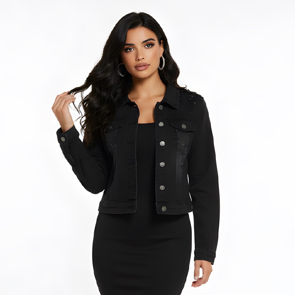 ESQUALO Classic Black Embroidered Denim Jacket